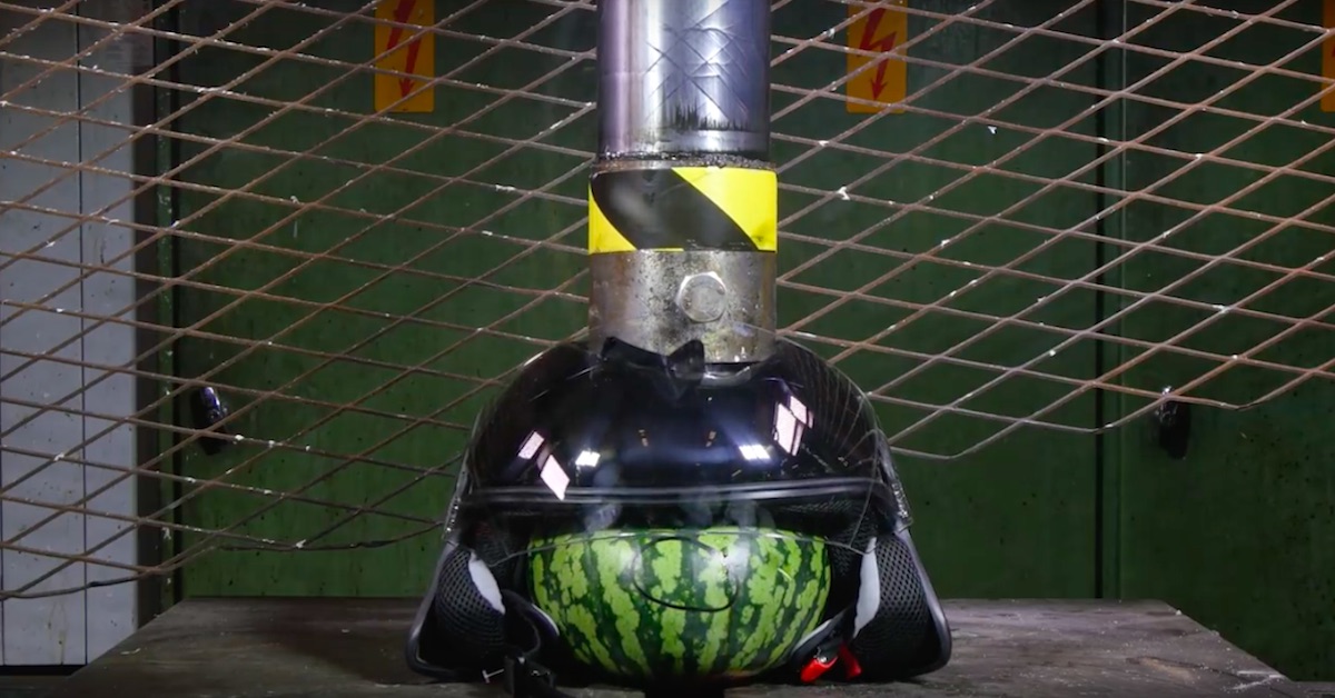150Ton Hydraulic Spike Splits Watermelon in Half Through Motorcycle Helmet